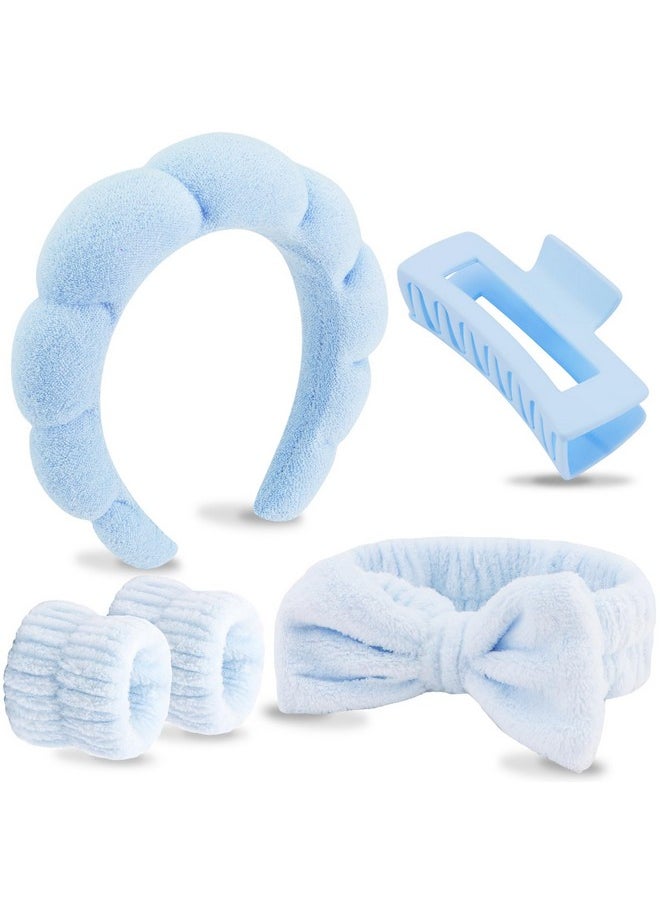 Velscrun VELSCRUN 5 Pcs Blue Puffy Sponge Spa Headband Bow Tie Hair Band Hair Clips Wristband Set, Spa Headbands for Wash Face, Makeup Headband, Facial Skincare Headbands Women Girls Hair Accessories Gifts  - Image 1