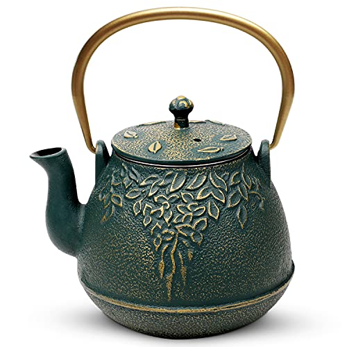 toptier TOPTIER Japanese Cast Iron Tea Kettle with Infuser Leaf Design Teapot Stovetop Safe Coated with Enameled Interior for 32 Ounce 950 ml Dark Green