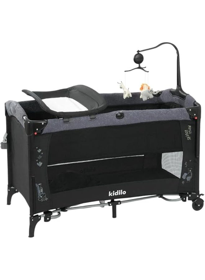 Kidilo Portable Baby Travel Cot with Mobile, Wheels, Changing Station