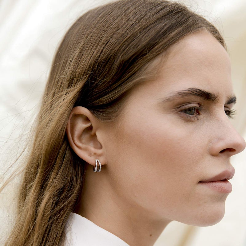 PAVOI 14K Gold Plated Sterling Silver Post Cubic Zirconia Infinite Split Hoop Huggie Earrings in White Gold - Image 2