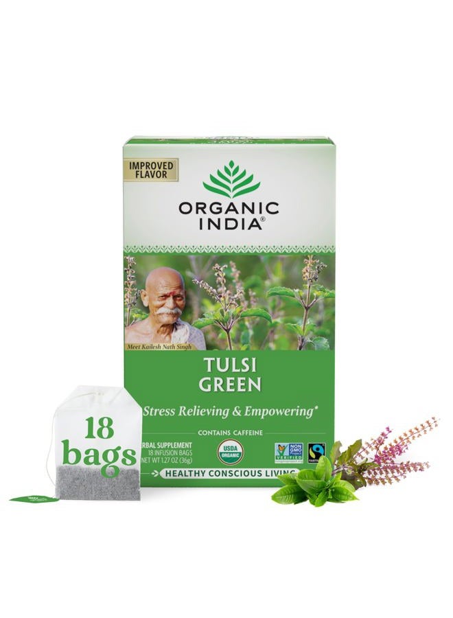 Organic India Tulsi Green Herbal Tea - Stress Relieving & Empowering, Immune Support, Vegan, USDA Certified Organic, Premium Darjeeling Green Tea, Caffeinated - 18 Infusion Bags, 1 Pack