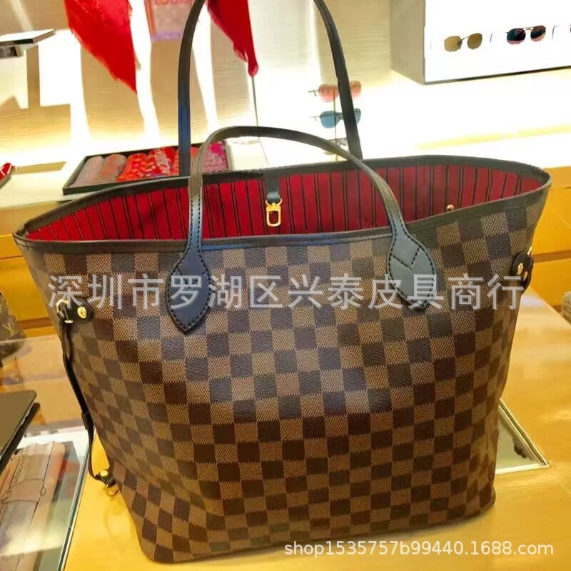 Vintage Style Genuine Leather Womens Shoulder Bag Nano Pillow Bag Neverfull Shopping Bag Logo Flower Design LV Mother Child Bag Brown plaid with red lining 