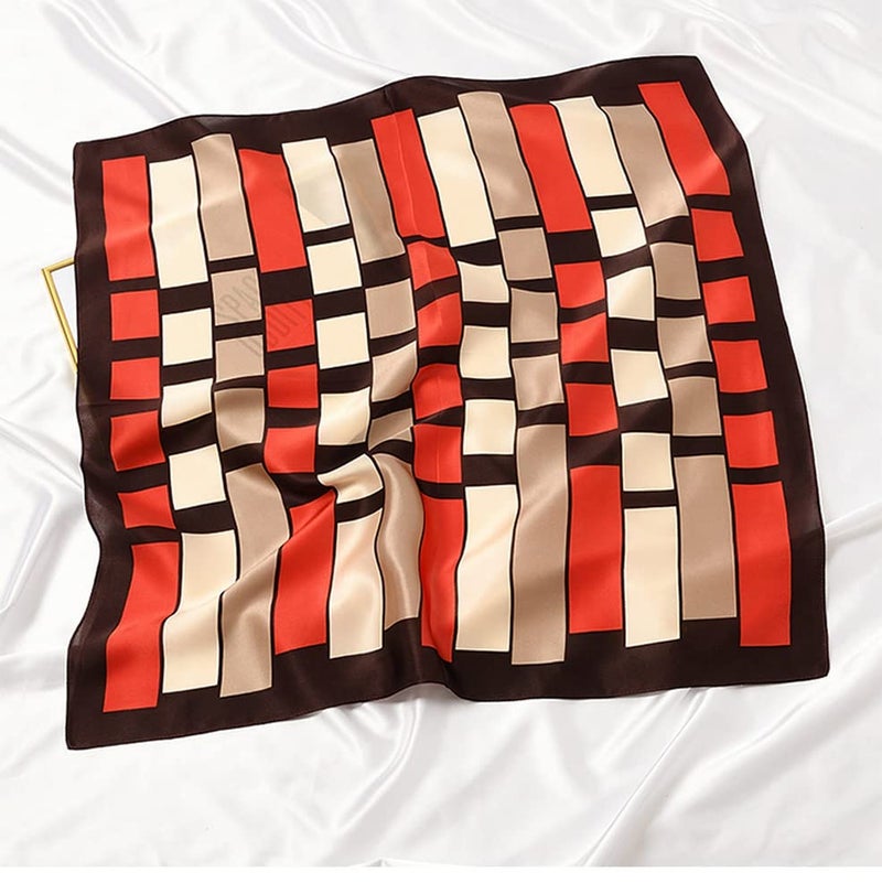 MEISEE 100% Pure Mulberry Silk Square Scarf 26"x26"-65CM Head Scarf for Women Natural Silk Neckerchief Printed Headscarf-orange plaid - Image 4