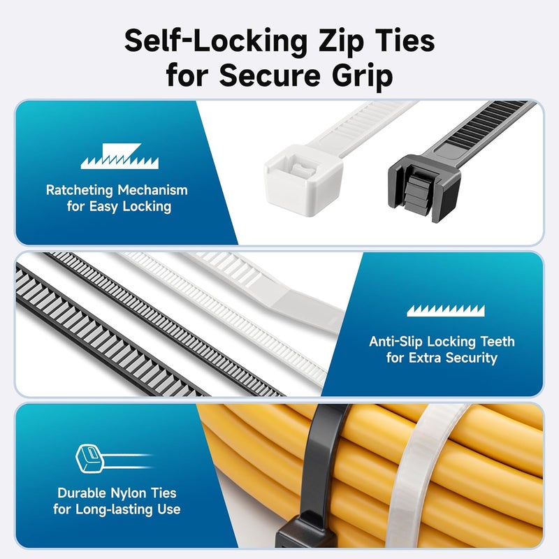 CableMatters 200-Pack Cable Ties for Indoor and Outdoor, 6, 8, 12-Inch Self-Locking Nylon Zip Ties Assorted Sizes, Tie Wraps for Multiple Use, Self Locking Zipties, in Black and White - Image 4