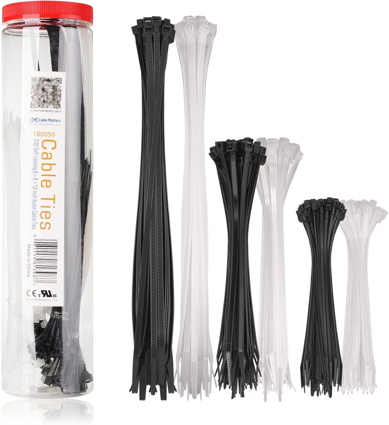 CableMatters 200-Pack Cable Ties for Indoor and Outdoor, 6, 8, 12-Inch Self-Locking Nylon Zip Ties Assorted Sizes, Tie Wraps for Multiple Use, Self Locking Zipties, in Black and White - Image 1