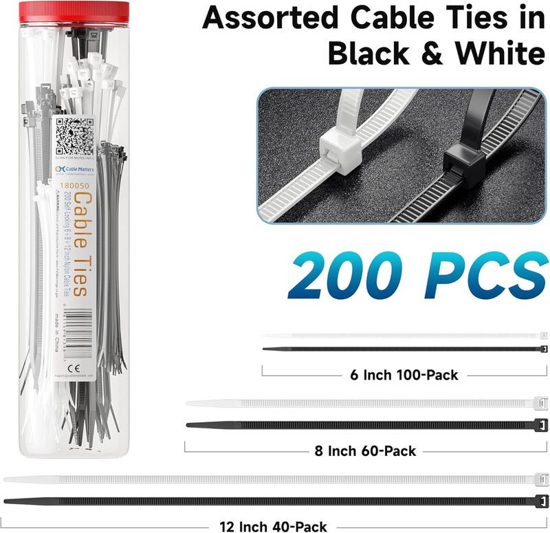 CableMatters 200-Pack Cable Ties for Indoor and Outdoor, 6, 8, 12-Inch Self-Locking Nylon Zip Ties Assorted Sizes, Tie Wraps for Multiple Use, Self Locking Zipties, in Black and White - Image 2