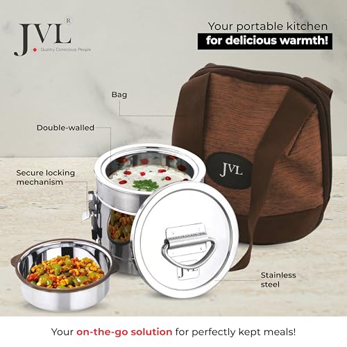 JVL Classicware Premium Stainless Steel Hot Lunch Jar with Lid & Double-Wall Insulation Leak-Proof Steel Divider, Spoon & Carry Bag Mirror-Matt Finish Ideal for Office, School & Travel (600 ML) - Image 5