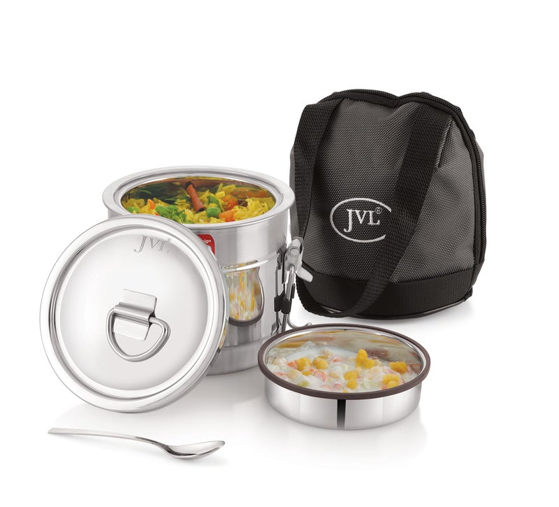 JVL Classicware Premium Stainless Steel Hot Lunch Jar with Lid & Double-Wall Insulation Leak-Proof Steel Divider, Spoon & Carry Bag Mirror-Matt Finish Ideal for Office, School & Travel (600 ML) - Image 1
