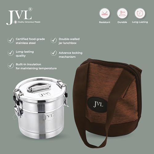 JVL Classicware Premium Stainless Steel Hot Lunch Jar with Lid & Double-Wall Insulation Leak-Proof Steel Divider, Spoon & Carry Bag Mirror-Matt Finish Ideal for Office, School & Travel (600 ML) - Image 4