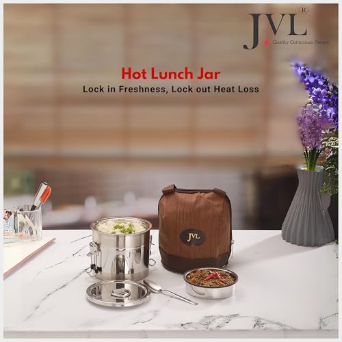 JVL Classicware Premium Stainless Steel Hot Lunch Jar with Lid & Double-Wall Insulation Leak-Proof Steel Divider, Spoon & Carry Bag Mirror-Matt Finish Ideal for Office, School & Travel (600 ML) - Image 2