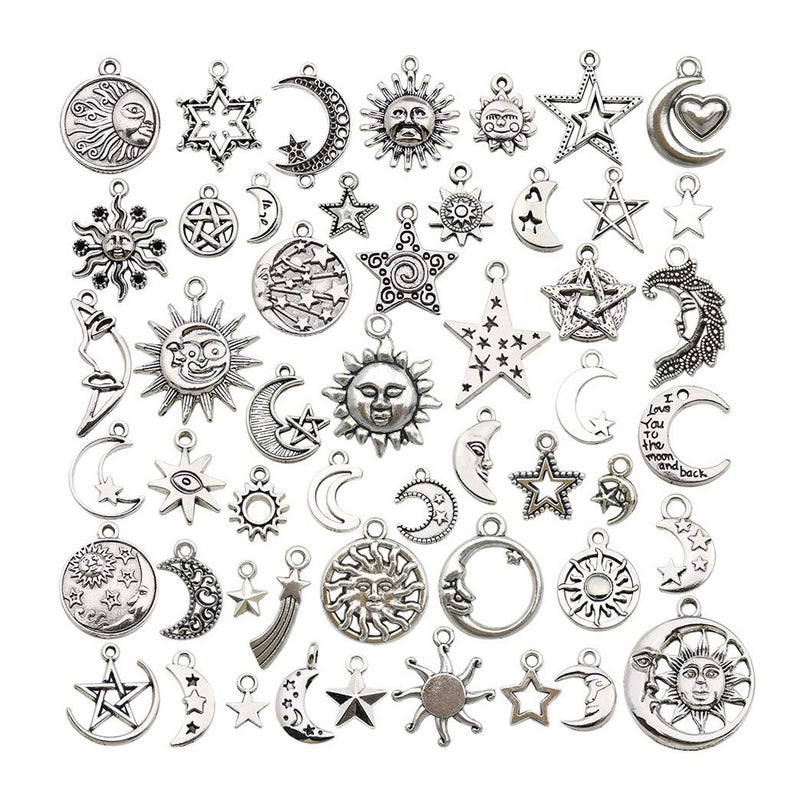 100 pcs Craft Supplies Mixed Antique Silver Sun Moon Stars Charms Pendants for Crafting Jewelry Findings Making Accessory for DIY Necklace Bracelet M417