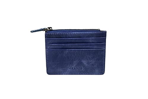 grande 3603 Genuine Leather Card Holder For Women and Men Slim Minimalist Small Zipper Wallet RUSTIC BLUE - Image 1