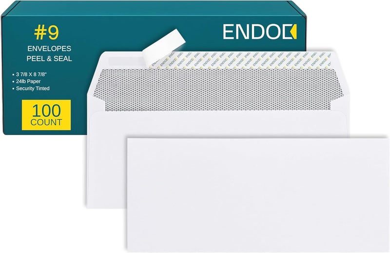 EnDoc #9 Envelopes Self Seal - 100 Pack - Security Tinted 3 7/8" x 8 7/8" Business Envelopes Peel & Seal - Mailing Envelopes Letter Size - Legal Envelopes for Invoices, Statements - 24lb Plain Envelopes - Image 1