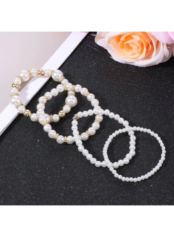 PAWSONIFY 4Pcs Pearl Bracelets for Women Stackable Stretch Bead Bracelets Elastic Pearl Bracelet for Bridesmaid Bridal Wedding - Image 5
