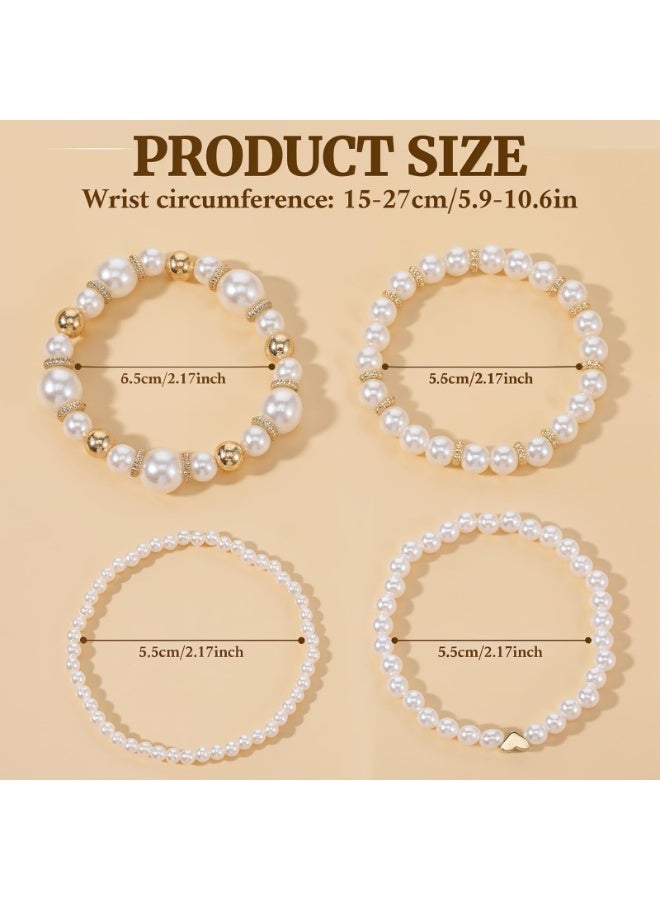 PAWSONIFY 4Pcs Pearl Bracelets for Women Stackable Stretch Bead Bracelets Elastic Pearl Bracelet for Bridesmaid Bridal Wedding - Image 2