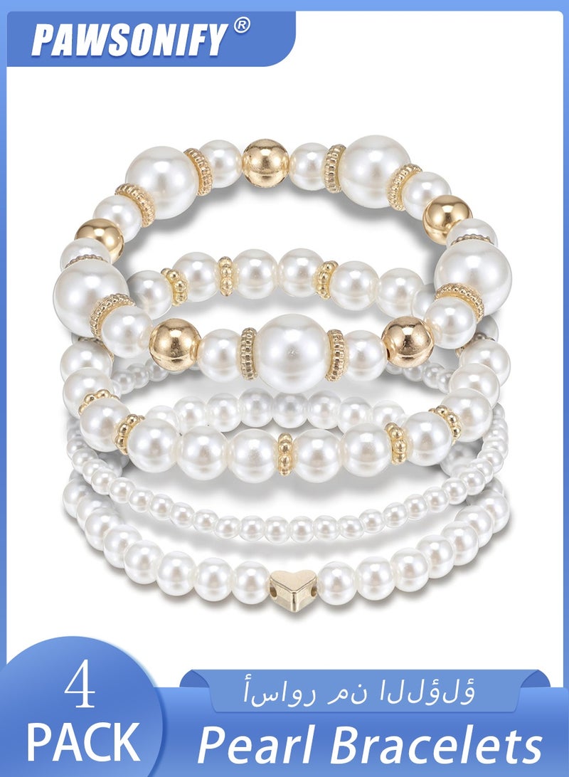 PAWSONIFY 4Pcs Pearl Bracelets for Women Stackable Stretch Bead Bracelets Elastic Pearl Bracelet for Bridesmaid Bridal Wedding - Image 1