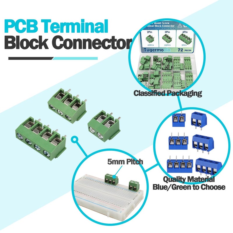 Tugermoola 72PCS 5mm/0.2" 2Pin 3Pin 4Pin Pitch PCB Mount Screw Terminal Block Connector Assortment Kit PCB Board Wire Connector Green - Image 3