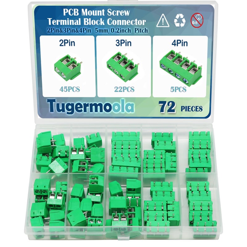 Tugermoola 72PCS 5mm/0.2" 2Pin 3Pin 4Pin Pitch PCB Mount Screw Terminal Block Connector Assortment Kit PCB Board Wire Connector Green - Image 1