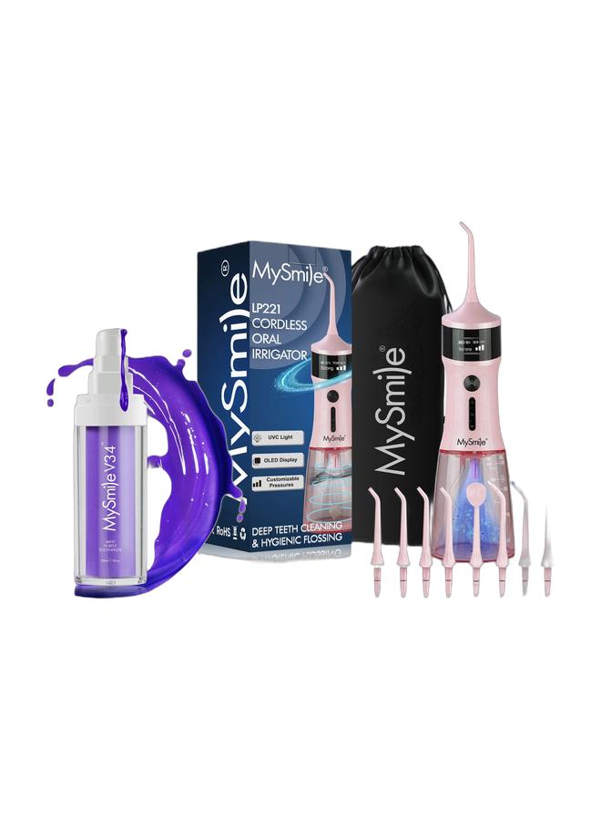 MySmile Toothpaste for Tooth Brighten, Color Corrector Efficient Cleaning Purple Toothpaste, 30ML Non-Sensitive Natural Tooth Stain Removal Toothpaste, Fresh Mint, Press Type & MySmile LP221 UVC Sterilizable Cordless Water Flossers for Teeth 335ML Portable OLED Display Dental Flosser with 4 Modes 8 Jet Tips and a Storage Pouch for Home and Travel (Juicy Pink)Bundle - Image 1