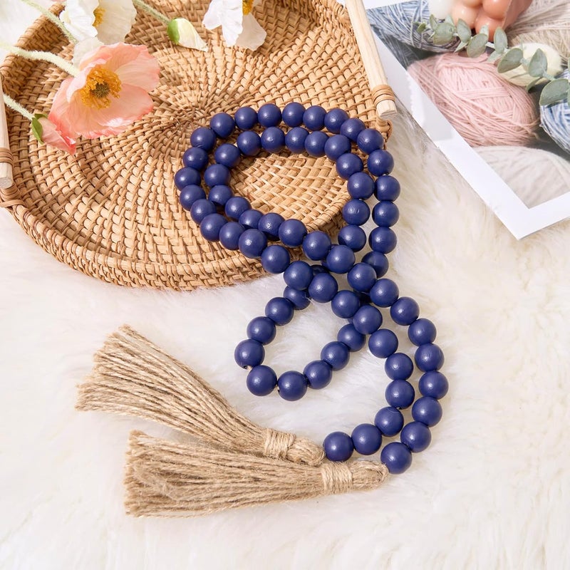 OMISHE 59in Wood Bead Garland with Tassels, Decorative Beads, Farmhouse Wooden Beads Garland for Wall Hanging Home Festival Decor, Navy Blue - Image 2