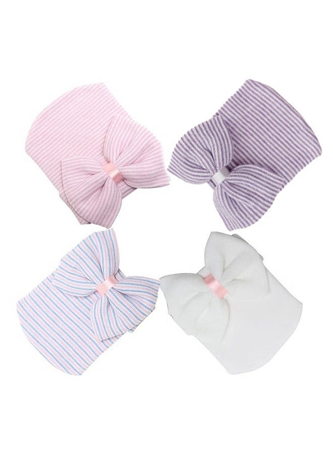 GMORO Newborn Hats,Newborn Baby Hospital Hats,Nursery Beanies with Bow Knot,Purple,Blue,White,Pink 4 Pack, First Hats Knitted Hats for Baby Girls Boys - Image 2