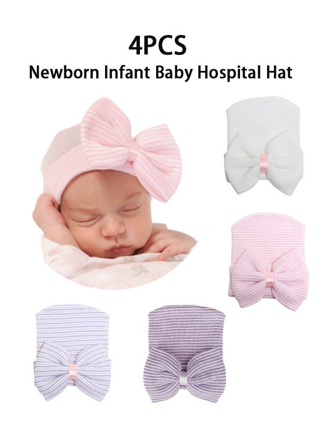 GMORO Newborn Hats,Newborn Baby Hospital Hats,Nursery Beanies with Bow Knot,Purple,Blue,White,Pink 4 Pack, First Hats Knitted Hats for Baby Girls Boys - Image 1
