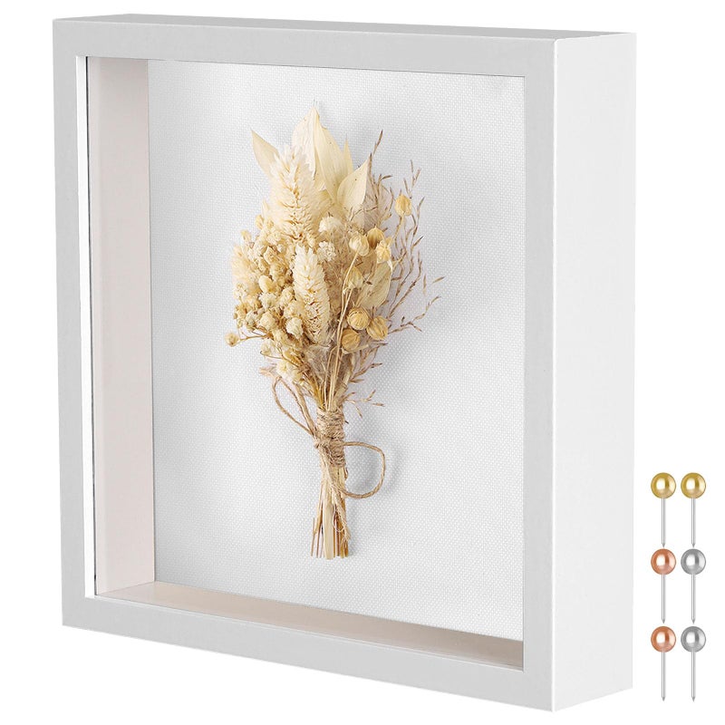 Califortree 8x8 Shadow Box Frame with Soft Linen Back - Metal Push Pins Included, Memory Box Display Case for Memorabilia Flower Awards Medals Wedding Photos, White - Image 1