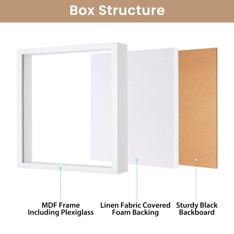 Califortree 8x8 Shadow Box Frame with Soft Linen Back - Metal Push Pins Included, Memory Box Display Case for Memorabilia Flower Awards Medals Wedding Photos, White - Image 5