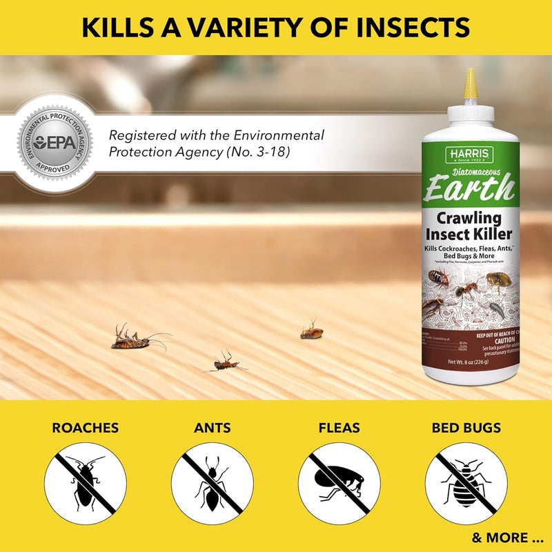 Harris 8 oz Diatomaceous Earth Crawling Insect Killer — 100% Natural Dust for Ants, Roaches, Bed Bugs, Fleas — Indoor & Outdoor Use - Image 1