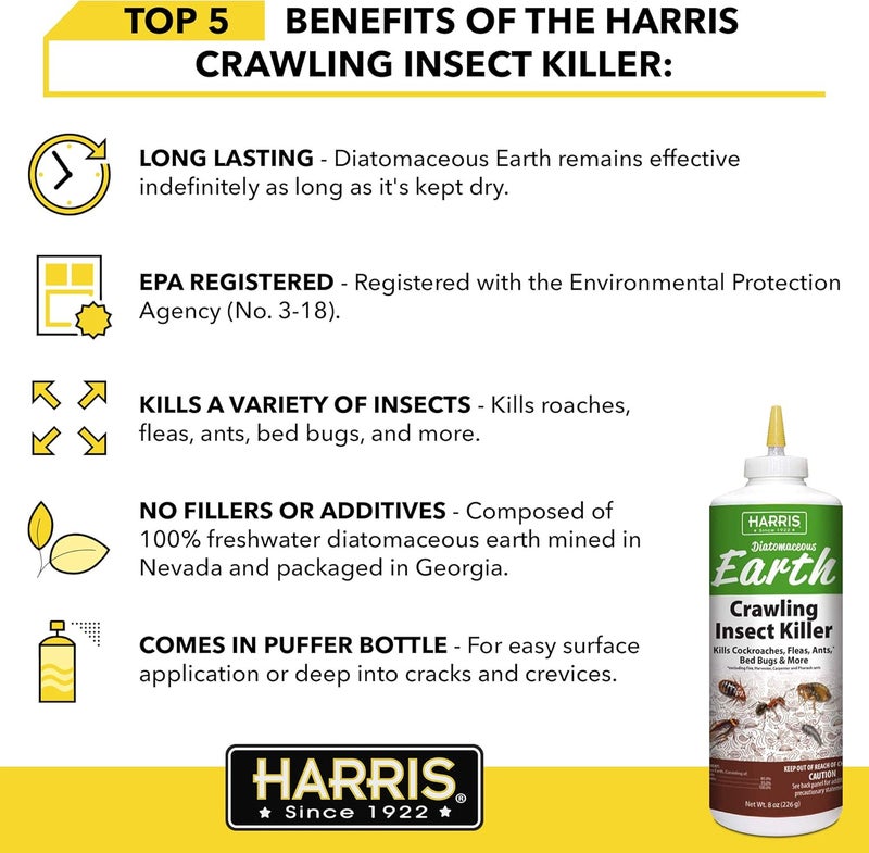 Harris 8 oz Diatomaceous Earth Crawling Insect Killer — 100% Natural Dust for Ants, Roaches, Bed Bugs, Fleas — Indoor & Outdoor Use - Image 2