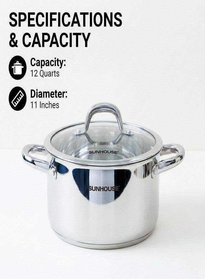 SUNHOUSE 3-Ply Stainless Steel Stock Pot, 12 Quart Soup Cooking Pot with Lid, Kitchen Cookware, Dishwasher and Oven Safe, Induction Ready - Image 2