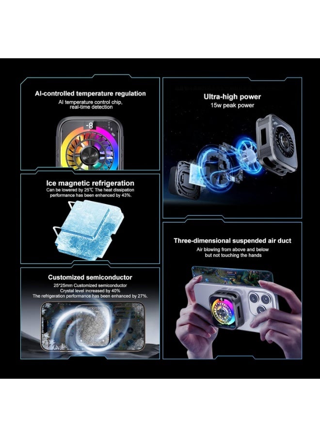 مبرد هاتف مغناطيسي مع مشبك، مروحة تبريد للهاتف المحمول من نوع أشباه الموصلات، سلكي بنوع Type-C مع شاشة عرض درجة الحرارة، متوافق مع iPhone/Android/Tablet/iPad للألعاب والبث المباشر - Image 5