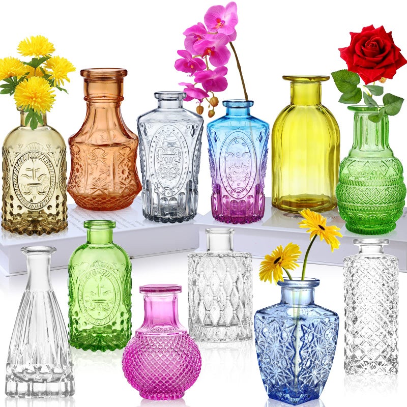 INFTYLE Glass Bud Vases Set of 12 Small Vases for Flowers Colored Bud Vases Bulk Mini Decor Rustic Vases for Centerpieces Vintage Glass Bottles for Wedding  Home Table Gift Set - Image 1