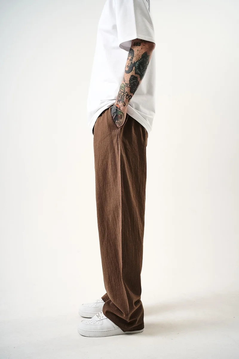 RESPIRE Men's Muslin Fabric Baggy Trousers, Brown