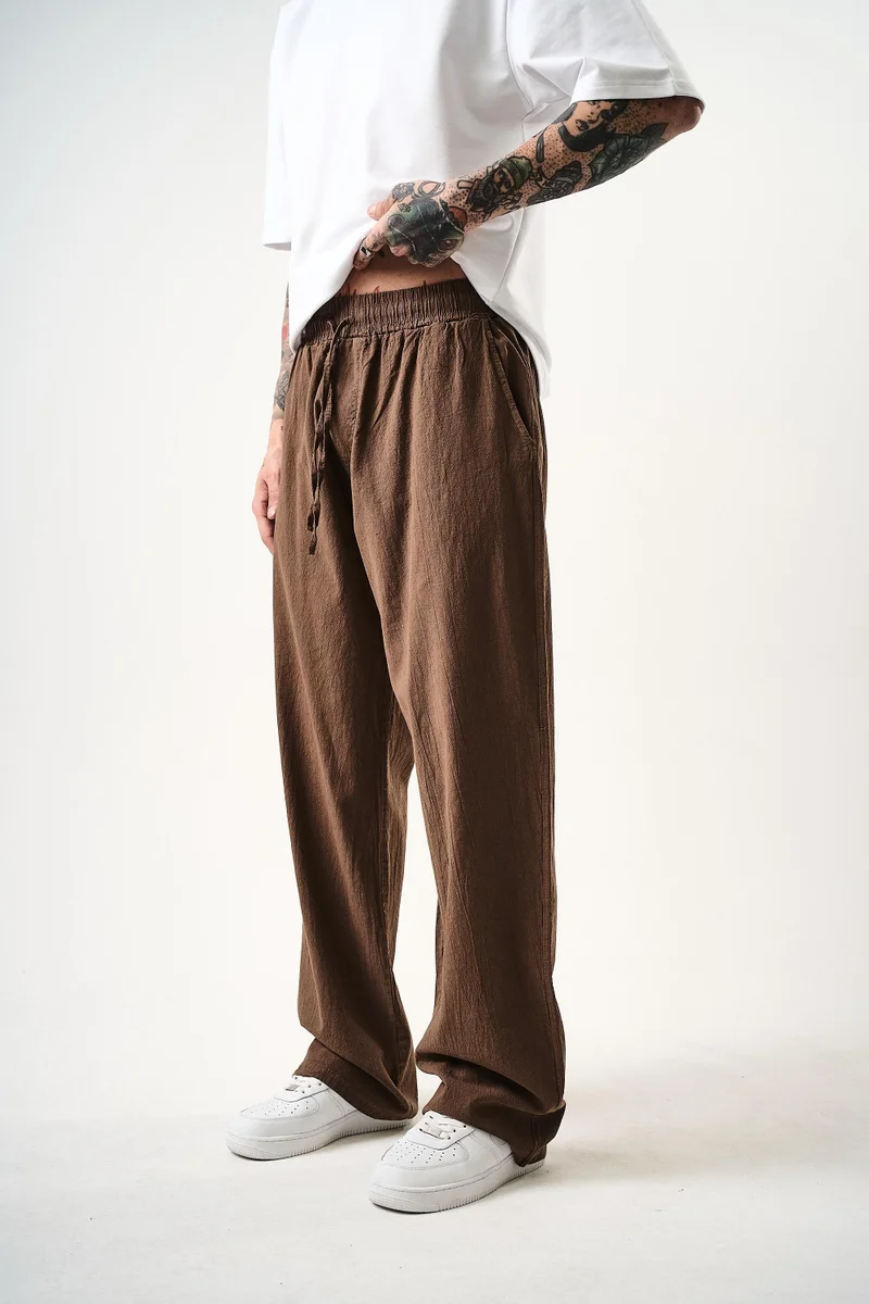RESPIRE Men's Muslin Fabric Baggy Trousers, Brown