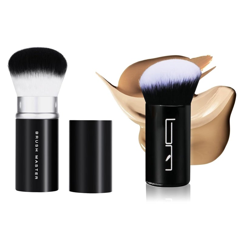 Brush Master 2pcs Retractable Foundation Makeup Brush, Kabuki Brush For Powder, Blush, Bronzer, Concealer, Portable Brush Cover, Perfect for Travel(Black) - Image 1