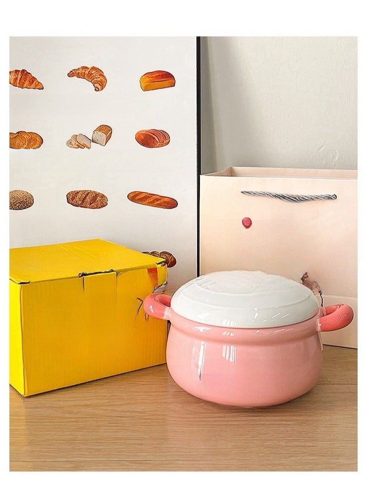 Student Double Ear Covered Large Capacity Household Ceramic Soup Bowl - Image 2