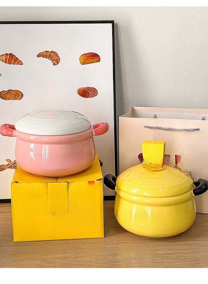 Student Double Ear Covered Large Capacity Household Ceramic Soup Bowl - Image 3