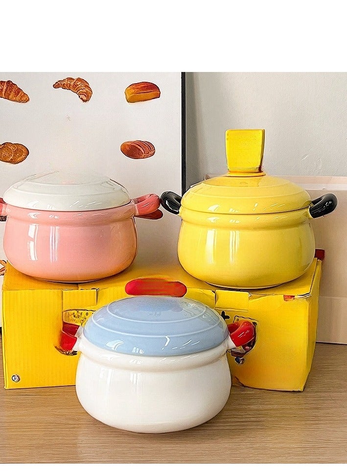 Student Double Ear Covered Large Capacity Household Ceramic Soup Bowl - Image 5