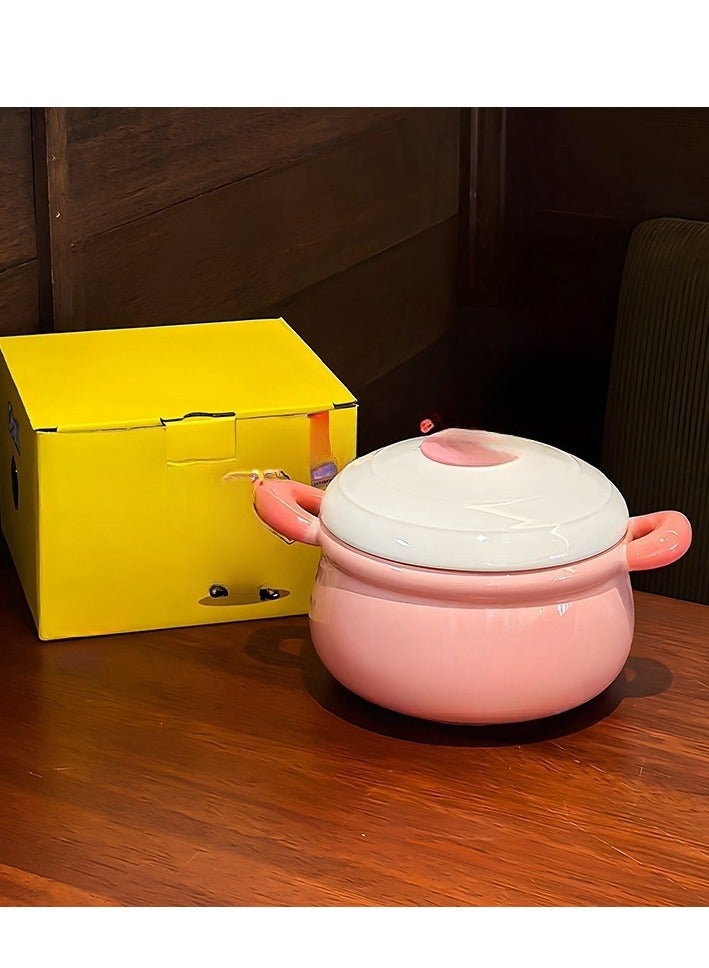 Student Double Ear Covered Large Capacity Household Ceramic Soup Bowl - Image 1