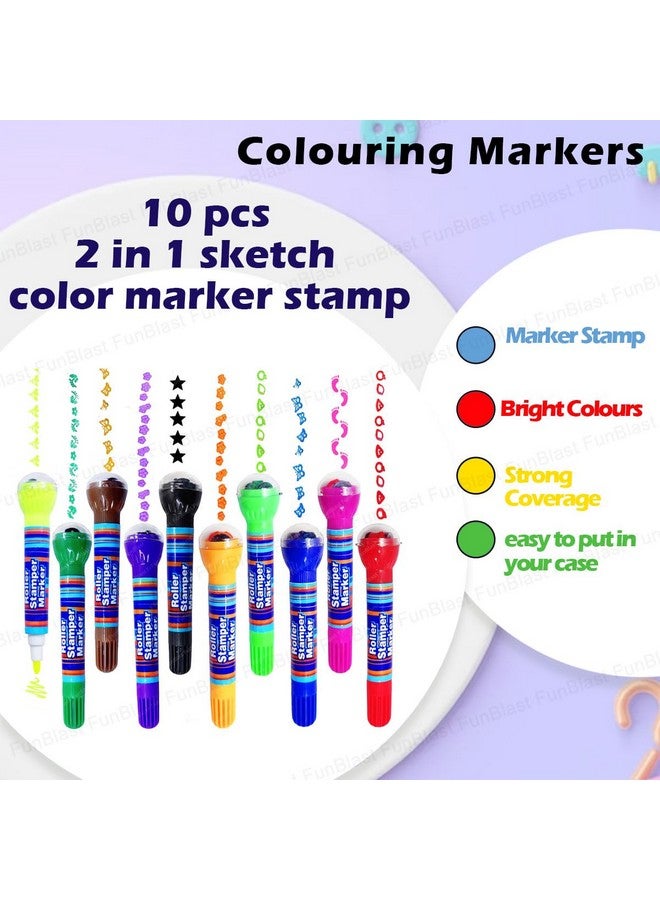 فنبلاست مجموعة أقلام تلوين FunBlast 2 في 1 للأطفال، مجموعة ألوان رسم، 10 أقلام تلوين للأطفال، ختم DIY للأطفال من سن 3 سنوات فما فوق (10 ألوان)، دائري، متعدد الألوان - Image 5