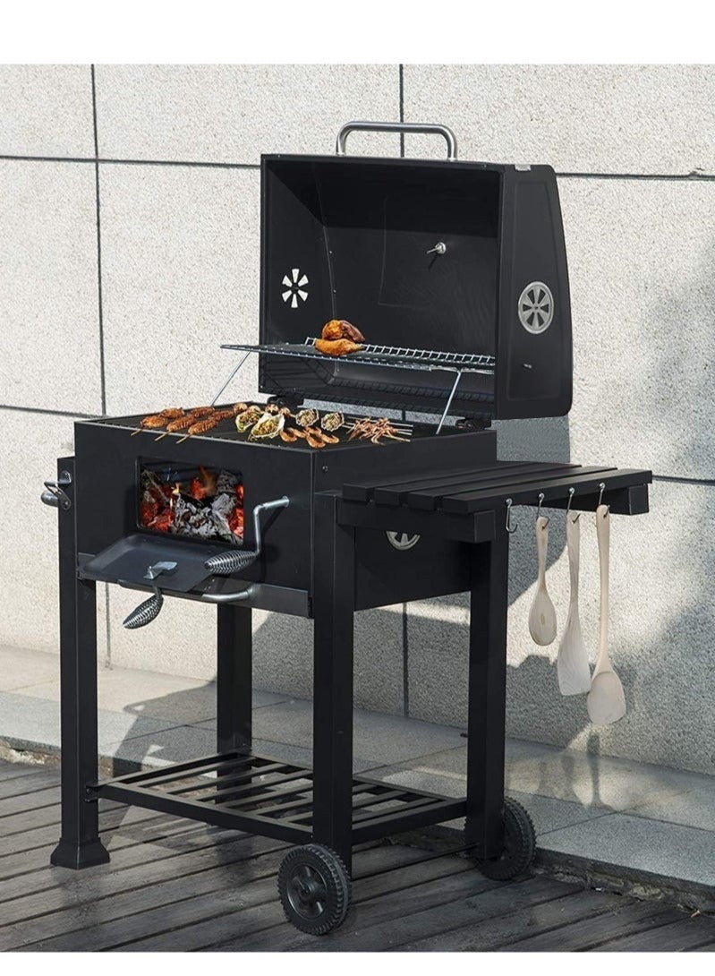 WALALLA Barbecue Grill for BBQ Garden Camping Balcony Charcoal Grill Trolley Charcoal Tray Height Adjustable with Wheels Bottle Opener Stand Grill, Black - Image 1