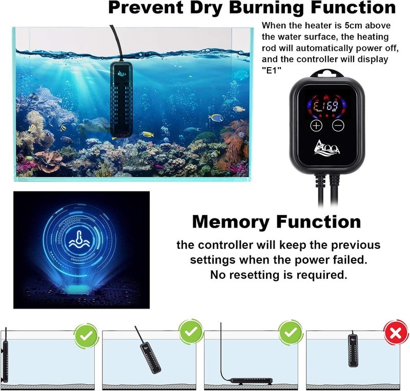 AQQA Submersible Aquarium Heater,100W/200W/300W/500W/800W/1000W/1200W Fish Tank Heater,External Temperature Controller LED Temperature Display,Suitable for Saltwater and Freshwater(800W) - Image 4