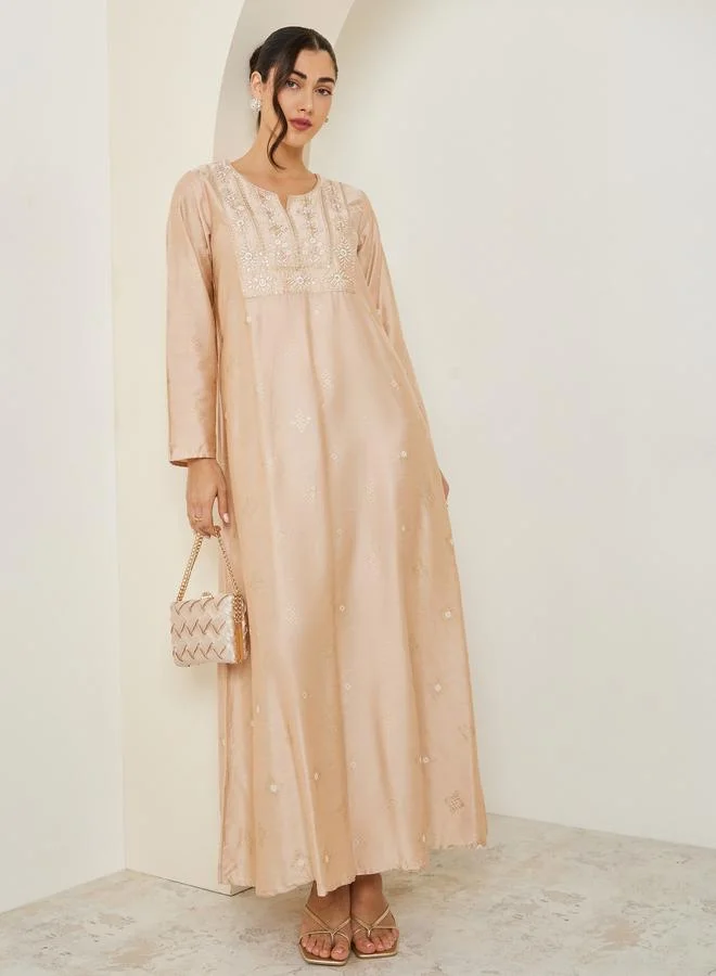 Amirah Women Beige Embroidered A-Line Jalabiya