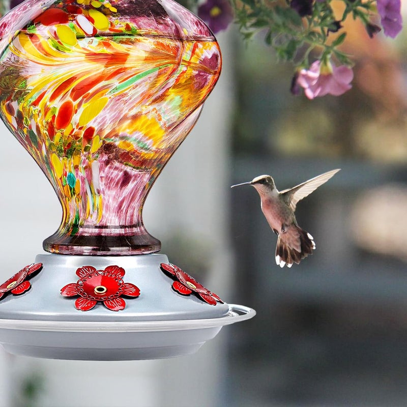 BOLITE Hummingbird Feeders for Outdoors Hanging, BOLITE Glass Hummingbird Feeder, Hand Blown Twisted with Ant Moat and Five Feeding Ports, 24 Ounces, Leak Proof, Purple - Image 3