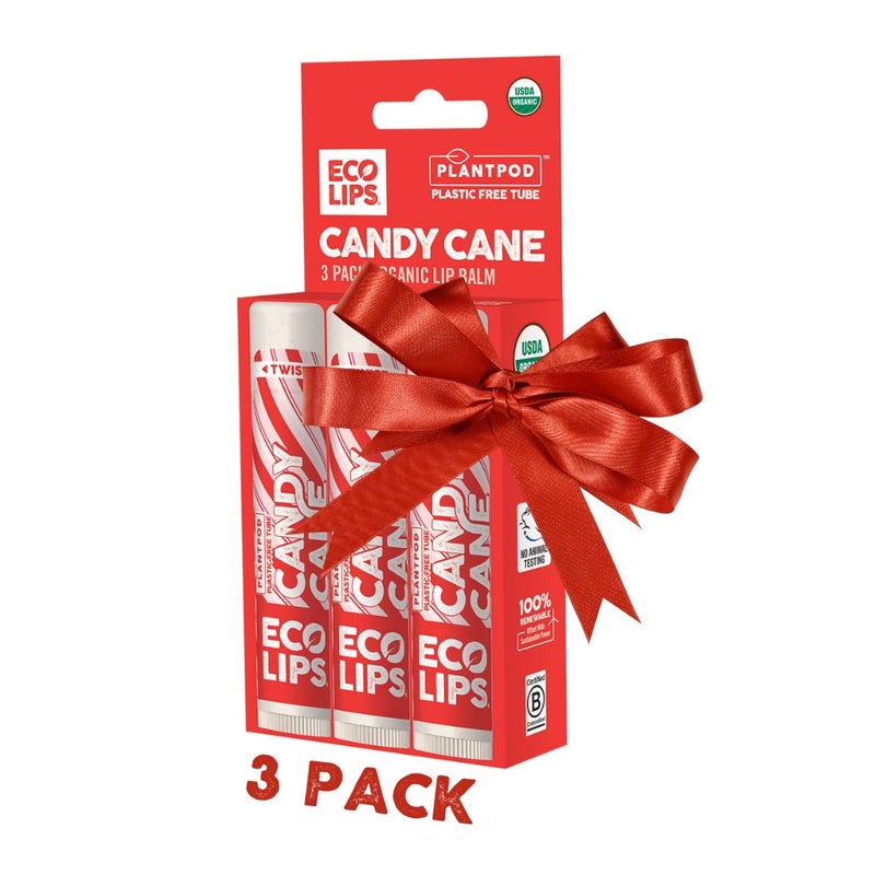 Eco Lips Organic Candy Cane Moisturizing Lip Balm - Organic Coconut Oil and Sunflower Wax - Soothe, Moisturize Dry, Cracked and Chapped Lips - 100% Plastic-Free Plant Pod Packaging - Made in USA - Image 1