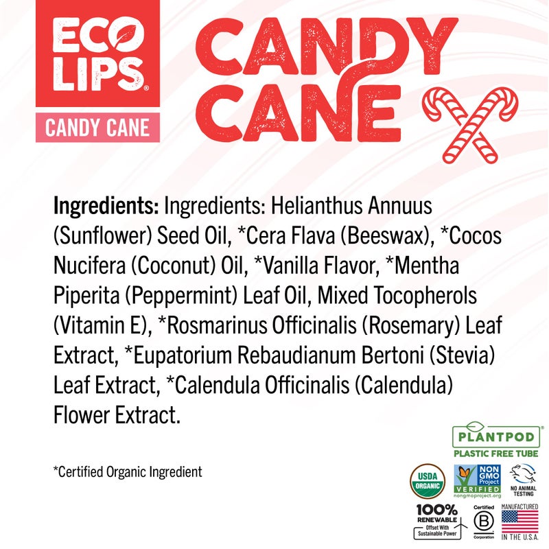 Eco Lips Organic Candy Cane Moisturizing Lip Balm - Organic Coconut Oil and Sunflower Wax - Soothe, Moisturize Dry, Cracked and Chapped Lips - 100% Plastic-Free Plant Pod Packaging - Made in USA - Image 4