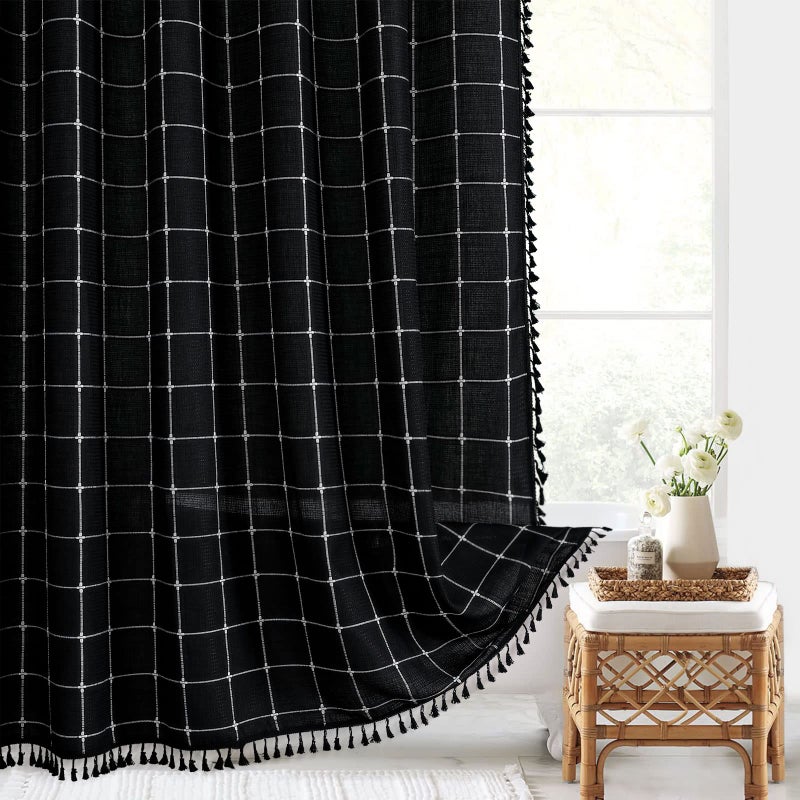 Gibelle Black Boho Farmhouse Shower Curtain with Tassels Rustic Cottagecore Aesthetic Bohemian Chic Modern Bathroom Decor Thick Waffle Textured Fabric Shower Curtain Set with Hooks 72x72
