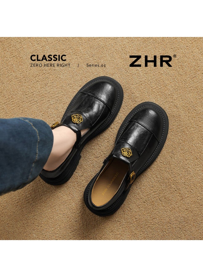Zhr Zese Loafers Women Round Toe Thick Sole Small Leather Shoes Camellia Commuting Versatile Flats Ay297 Black 37 - Image 1