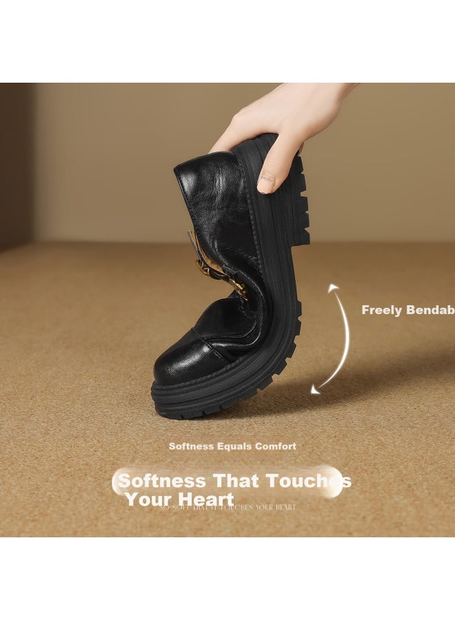 Zhr Zese Loafers Women Round Toe Thick Sole Small Leather Shoes Camellia Commuting Versatile Flats Ay297 Black 37 - Image 2